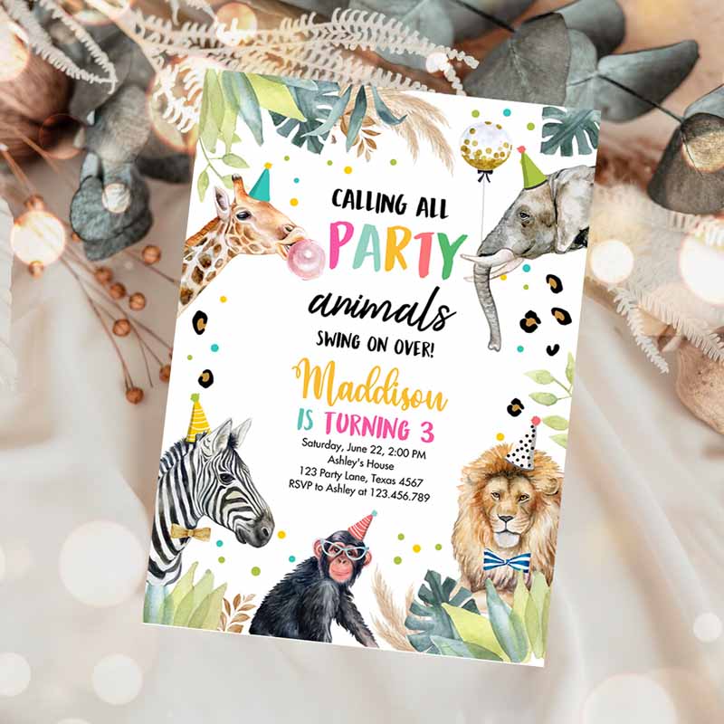 Animals Kids Birthday, Wild One Animals Invitation, Zoo Safari Animals Girl