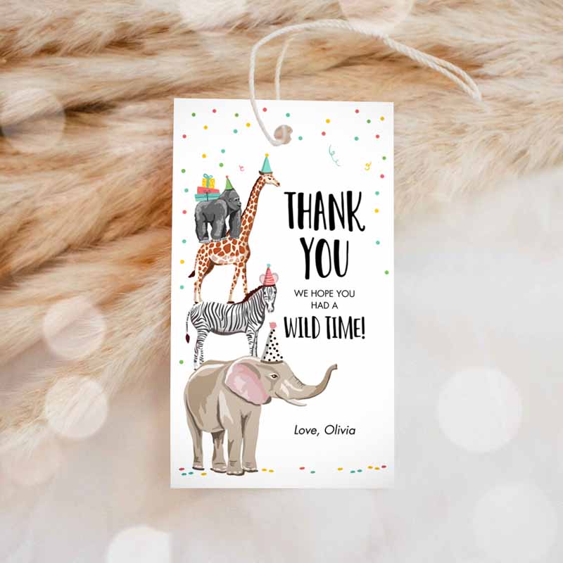 Animals Favor Tags, Wild One Animals Thank you Tags, Safari Zoo Animals Kids Birthday, Wild Time Party