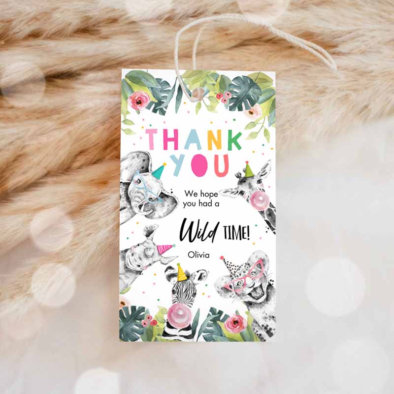 Animals Favor Tags, Wild One Animals Thank you tag, Safari Zoo Girl Kids Birthday, Wild Time Gift Tag Template