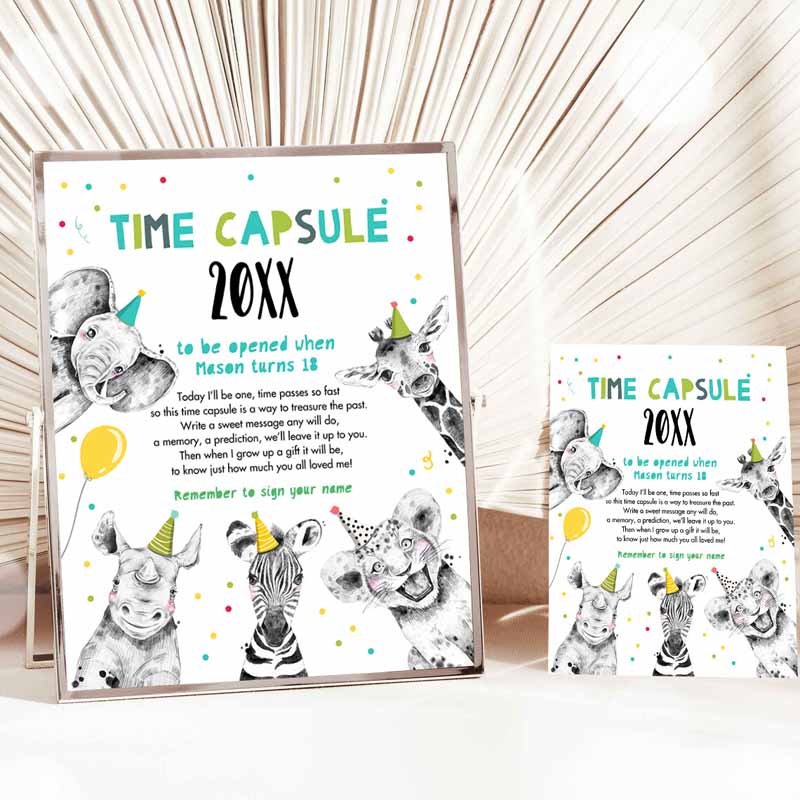 Animals Time Capsule Boy Blue First Kids Birthday, Wild One First Kids Birthday Party, Zoo Safari Animals Jungle