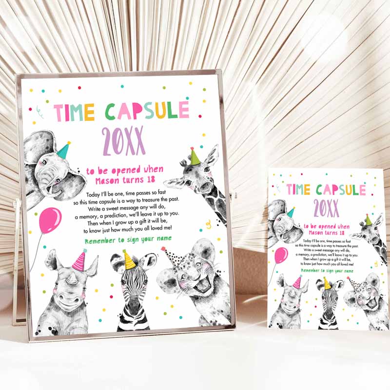 Animals Time Capsule Girl Pink First Kids Birthday, Wild One First Kids Birthday Party, Zoo Safari Animals Jungle