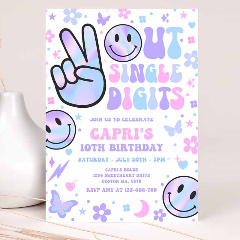 Peace Out Single Digits Kids Birthday Invitation, Holographic Groovy Kids Birthday, Hippie Double Digits Party