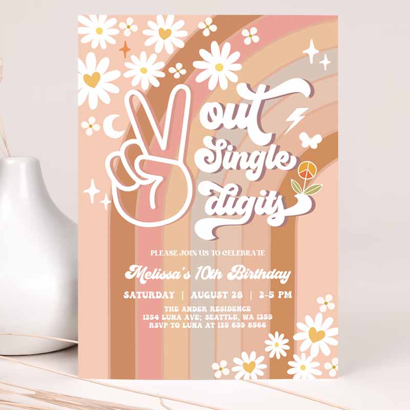 Peace Out Single Digits Fall Groovy Kids Birthday, Invite Daisy Rainbow Kids Birthday Invitation