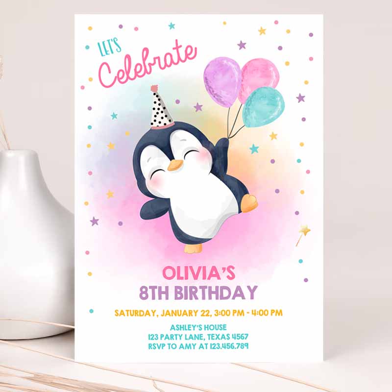 Penguin Kids Birthday Invitation, Winter Party, Arctic Animals Girl Birthday Party, Cute Penguin Baby Shower