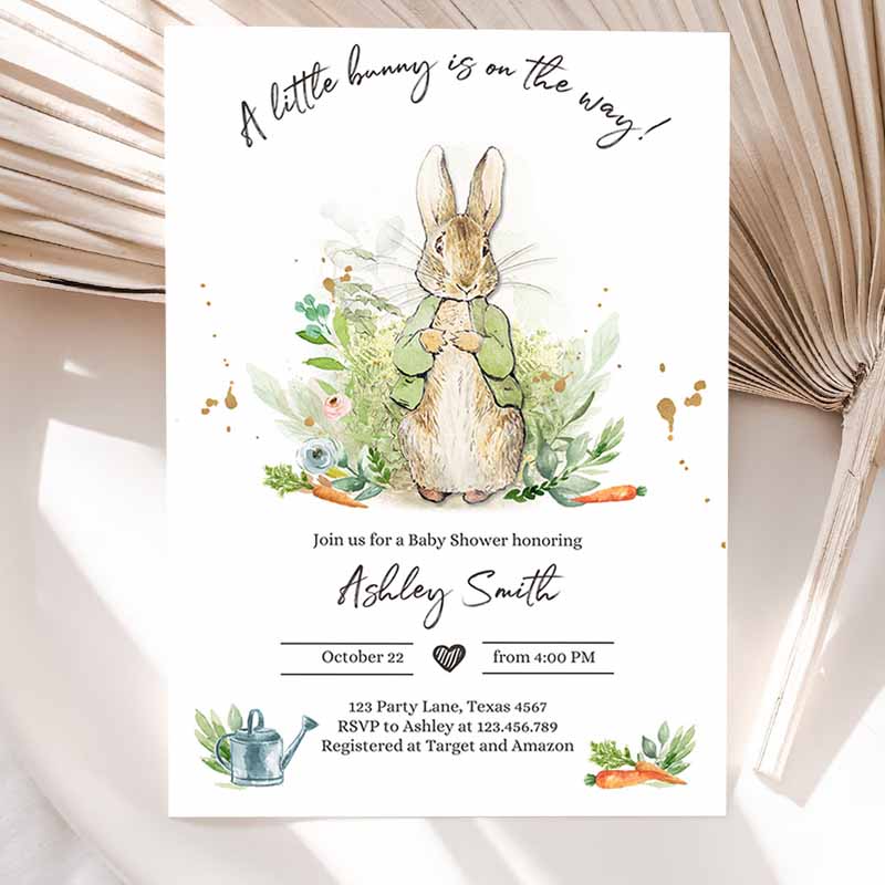 Peter Rabbit Baby Shower Invitation, Gender Neutral Rustic Peter Rabbit Green Spring Sprinkle