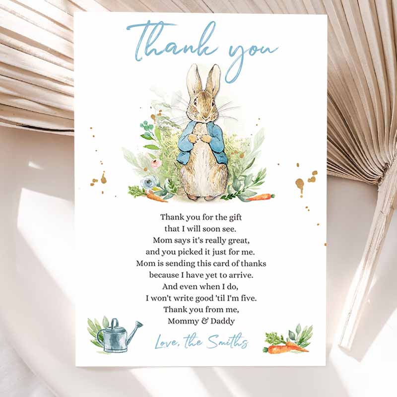 Peter Rabbit Baby Shower Thank You Card Boy Blue Rustic Peter RabbIt'spring Bunny Baby Shower