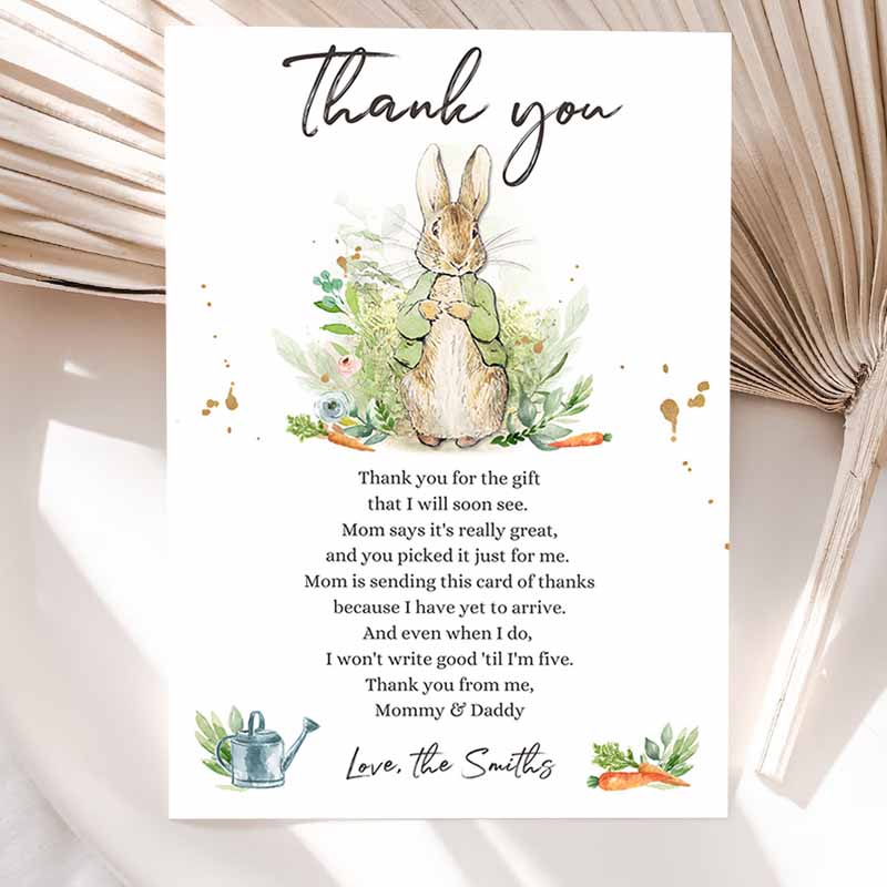 Peter Rabbit Baby Shower Thank You Card Gender Neutral Rustic Spring Bunny Baby Shower