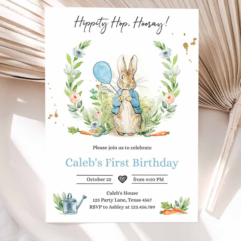 Peter Rabbit Kids Birthday Invitation, Boy Blue Rustic Peter Rabbit Kids Birthday, Invite Watercolor