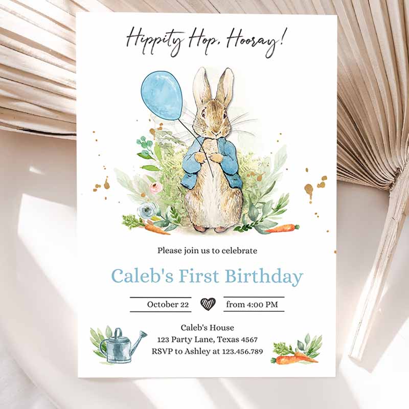 Peter Rabbit Kids Birthday Invitation, Boy Blue Rustic Peter Rabbit Kids Birthday, Invite Watercolor Template