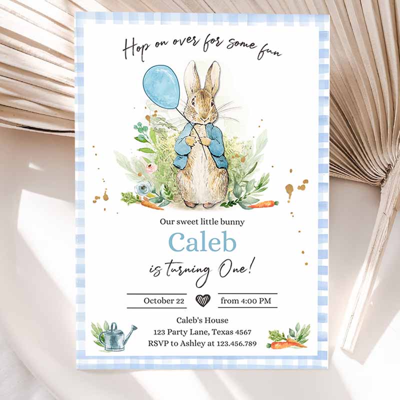 Peter Rabbit Kids Birthday Invitation, Boy Blue Rustic Peter Rabbit First Kids Birthday, Hop On Over Watercolor