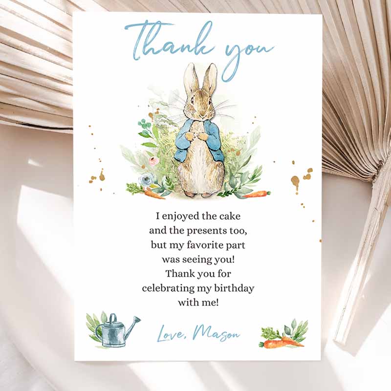 Peter Rabbit Kids Birthday, Thank You Card Blue Boy Baby Shower Rustic Peter RabbIt'spring Bunny