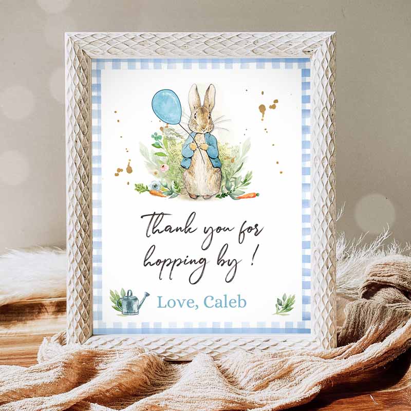 Peter RabbiThank You Sign, Boy Kids Birthday, Baby Shower Thank You Hopping By Rabbit Watercolor Bunny