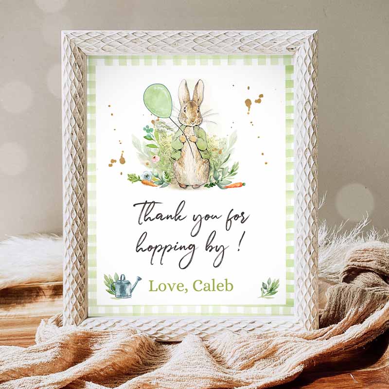 Peter RabbiThank You Sign, Neutral Kids Birthday, Baby Shower Thank You Hopping By Rabbit Watercolor Bunny