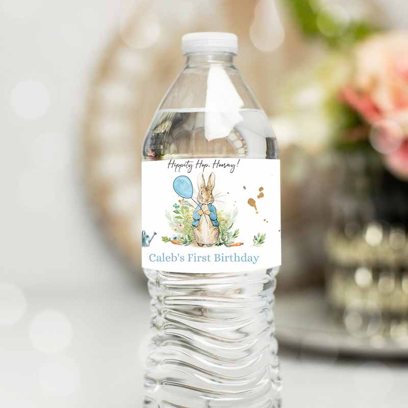 Peter Rabbit Water Bottle Label Peter Rabbit Party, Decor Bunny Kids Birthday, Rustic Watercolor Boy Blue