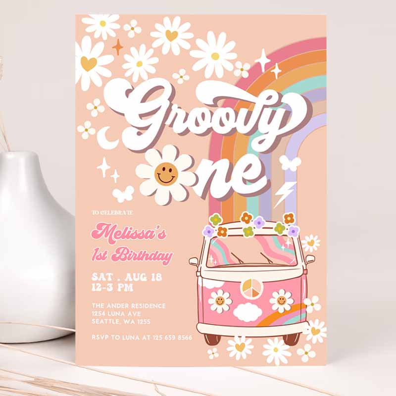 Pink Daisy Rainbow Groovy Van Groovy ONE Kids Birthday, Invite Retro Hippie Party Invitation