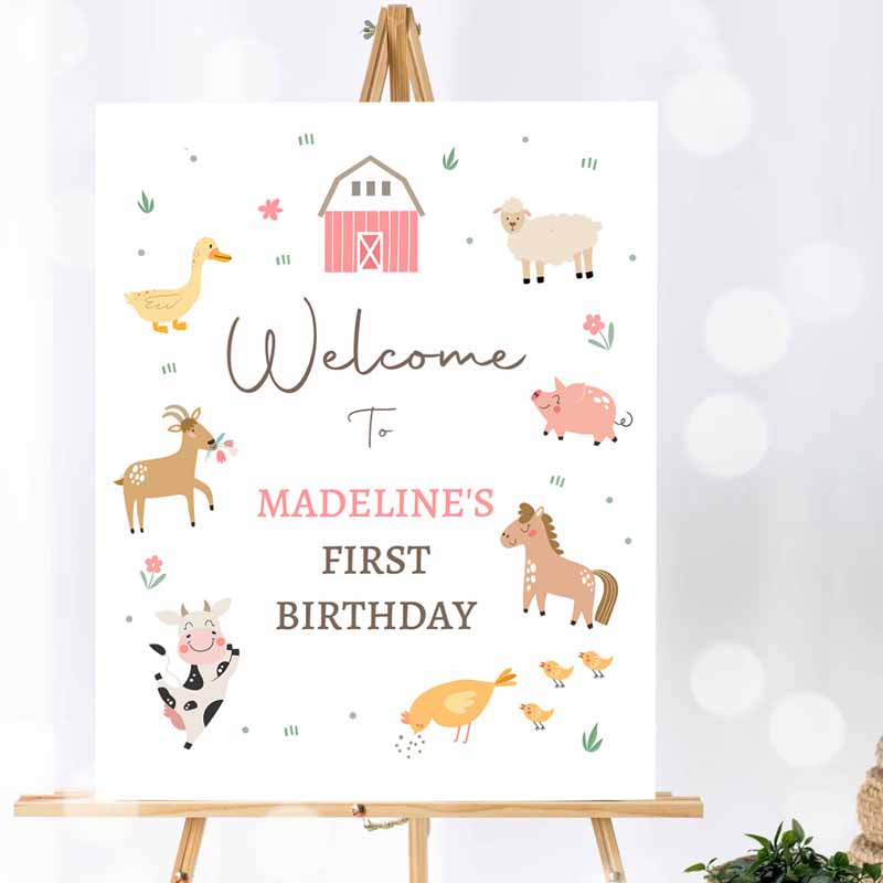 Pink Farm Kids Birthday, Barnyard Kids Birthday, Farm Animals Kids Birthday, Girl Modern