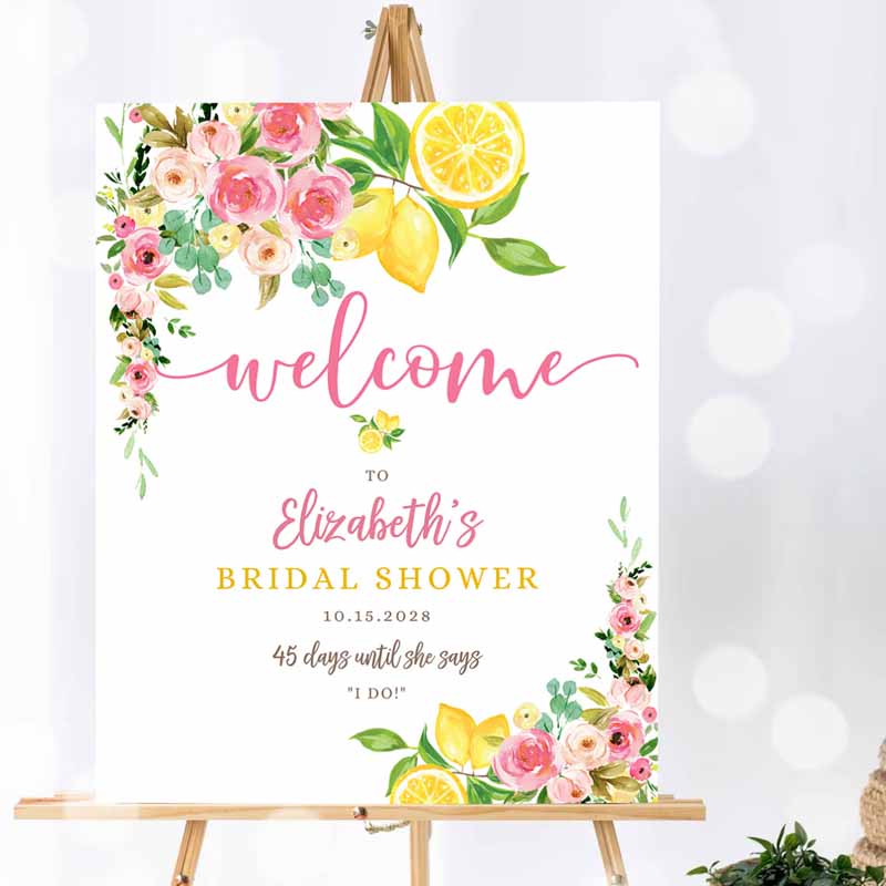 Pink Floral Lemon Bridal Shower Baby Shower Sprinkle Welcome Sign, Yard Sign