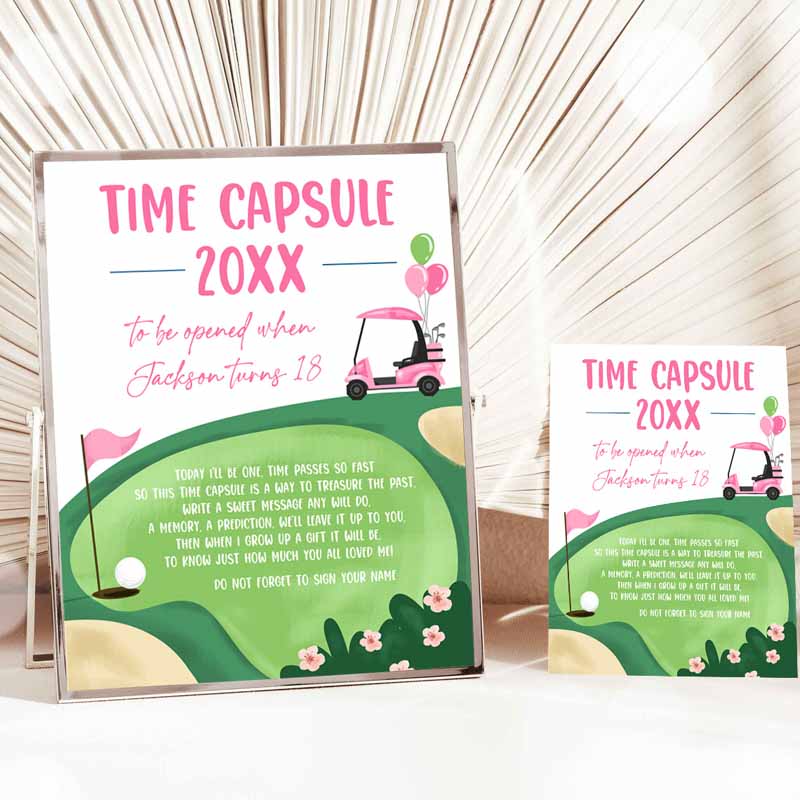 Pink Golf Time Capsule First Kids Birthday Party, Hole in One Kids Birthday, First Par-tee Guestbook Golfing Girl