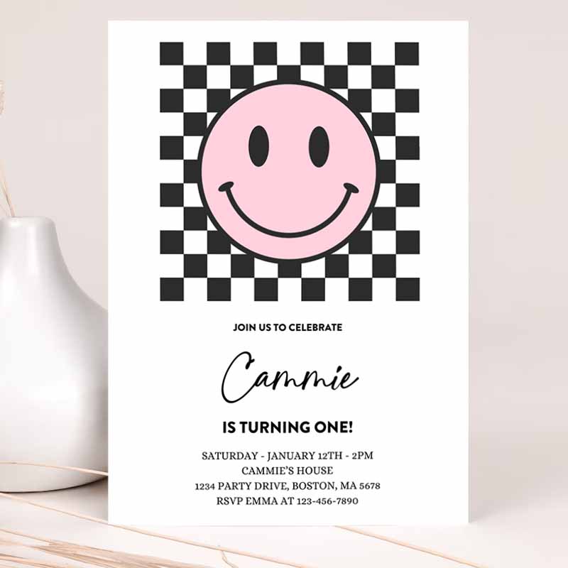 Pink Smiley Face Kids Birthday Invitation, One Happy Girl Kids Birthday, Happy Face Kids Birthday, Hipster Kids Birthday