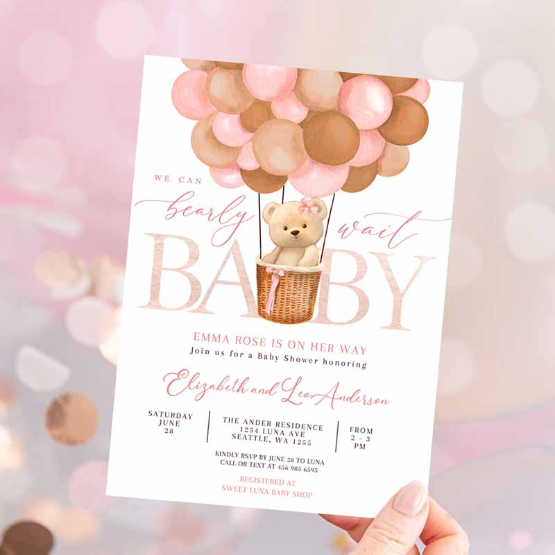 Pink Tan Girl Teddy Bear Hot Air Balloon Bear Baby Shower Invitation, We Can Bearly Wait