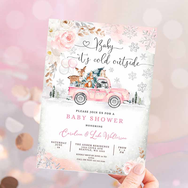 Pink Winter Woodland Deer Bear Baby Shower Invitation, Girl Blush Truck Baby It's Cold Outside