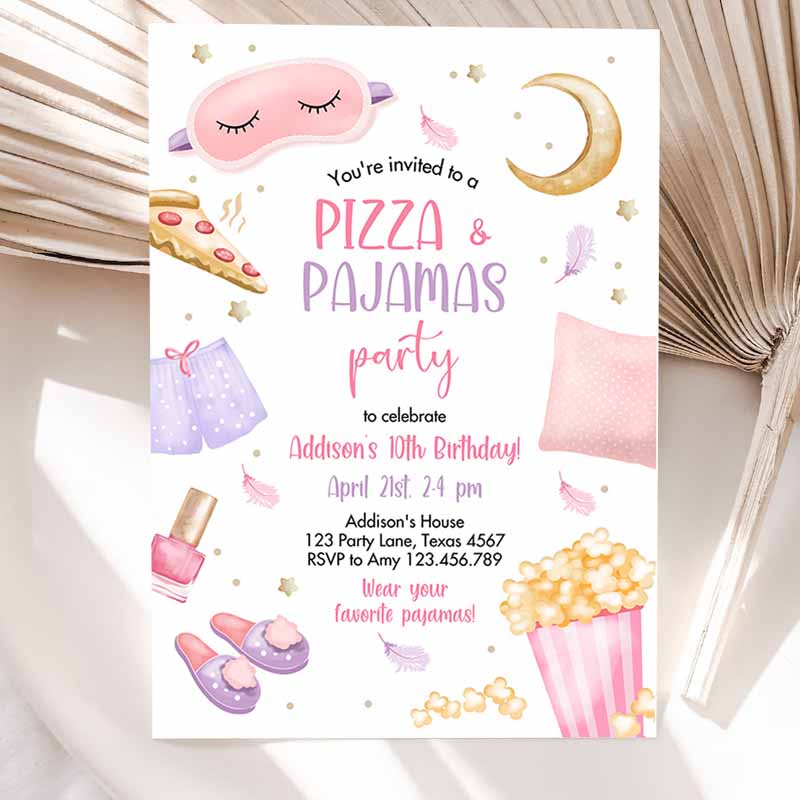 Pizza and Pajamas Kids Birthday Invitation, Movie Night Party, Girl Pink Teen Tween Slumber Party