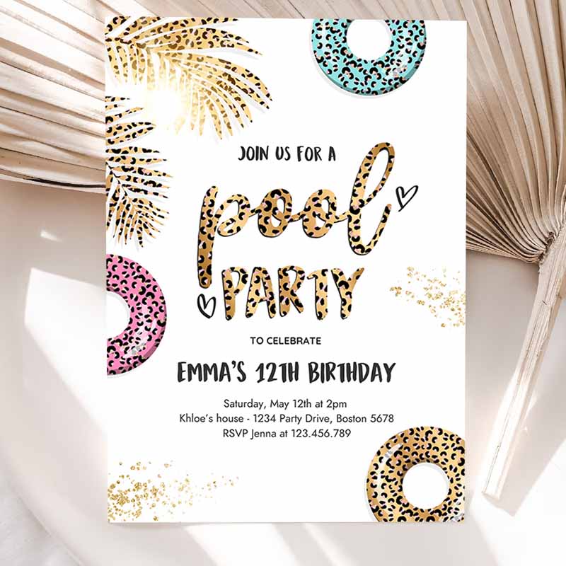 Pool Party Invitation, Girly Leopard Print Pool Kids Birthday, Summer SwI'ming Pool Kids Birthday Party