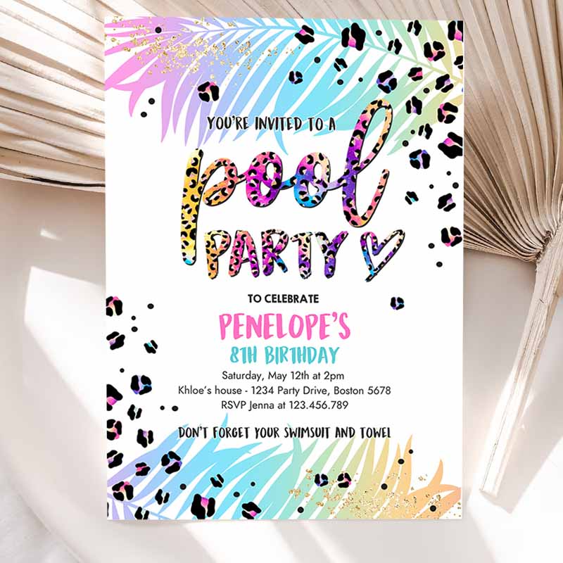 Pool Party Invitation, Girly Rainbow Cheetah Print Pool Kids Birthday Party, Summer Pool Party, Bash Kids Birthday Party