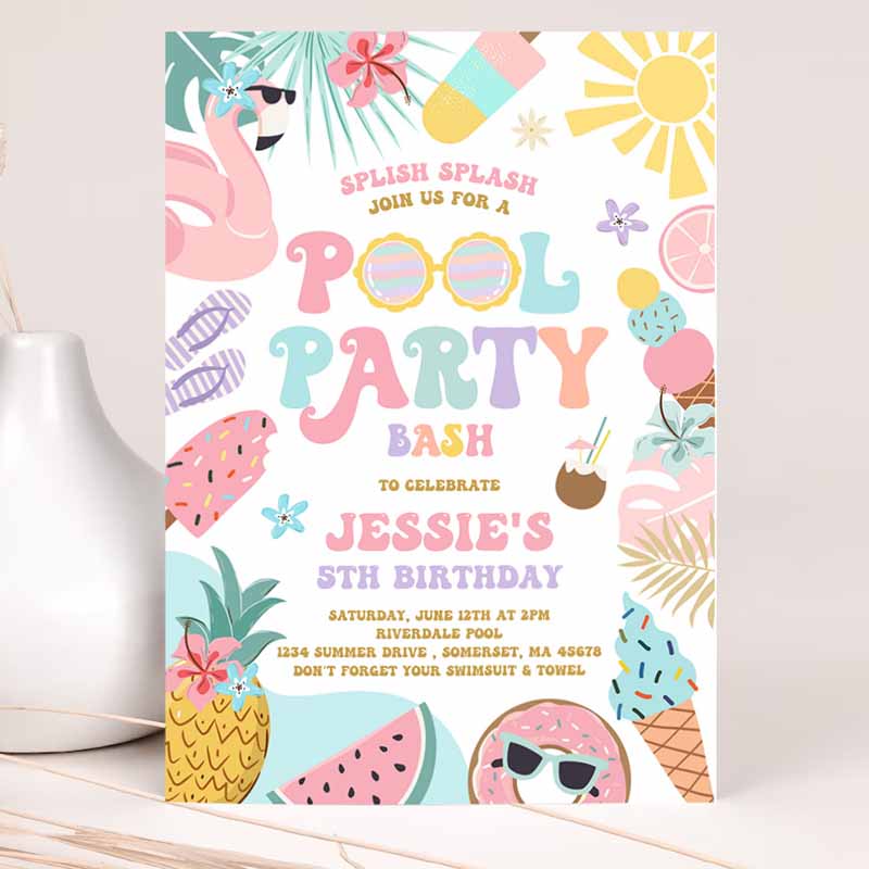 Pool Party Invitation, Tropical Splish Splash Girly Pool Party Invitation, Summer SwI'ming Pool Splash Pad Party