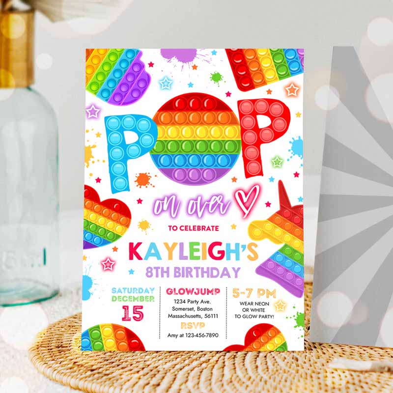 Pop It Kids Birthday Party, Invite Pop It Kids Birthday Party, Bright Rainbow Pop It Fidget Toy Party, Pop It Party