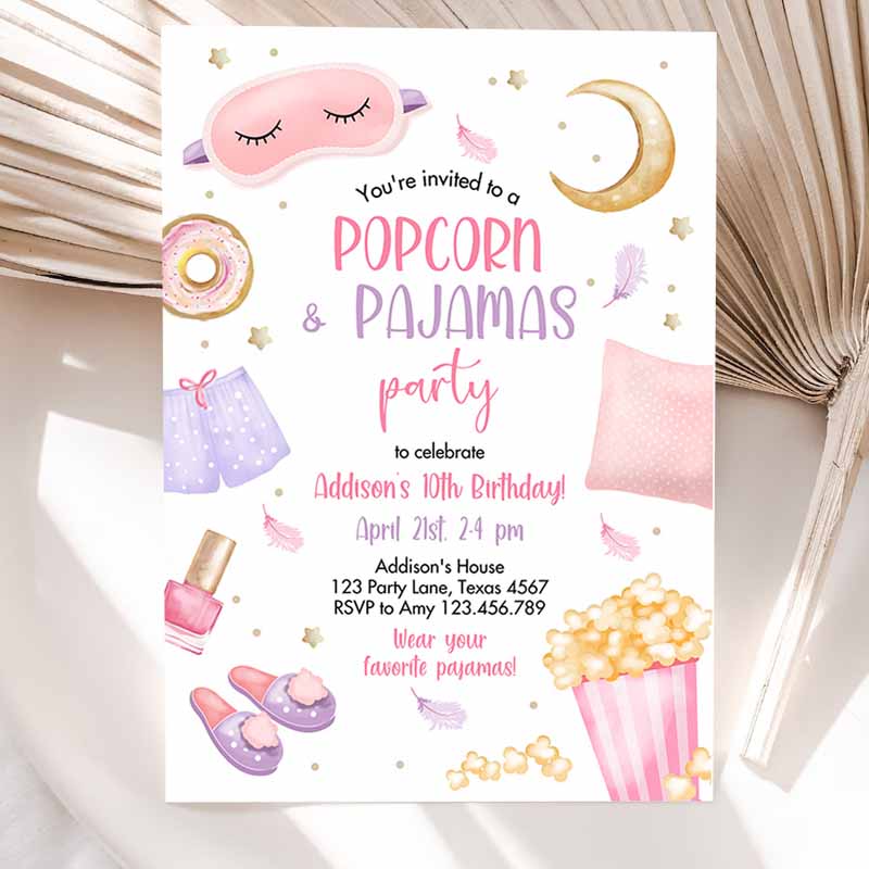 Popcorn and Pajamas Kids Birthday Invitation, Movie Night Party, Girl Pink Teen Tween Slumber Party