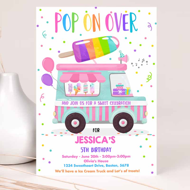 Popsicle Kids Birthday Invitation, Pop On Over Popsicle Party, Popsicle Truck Party Invitation, Ice Cream Truck Party