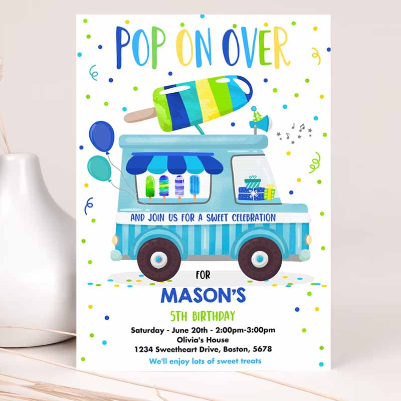 Popsicle Kids Birthday, Pop On Over Popsicle Party, Popsicle Truck Party Invitation, Ice Cream Truck Party