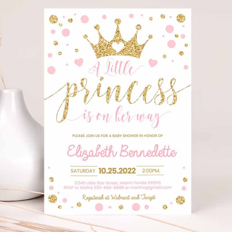 Princess Baby Shower Invitation, Pink and Gold Little Princess Invitations, Gold Girl