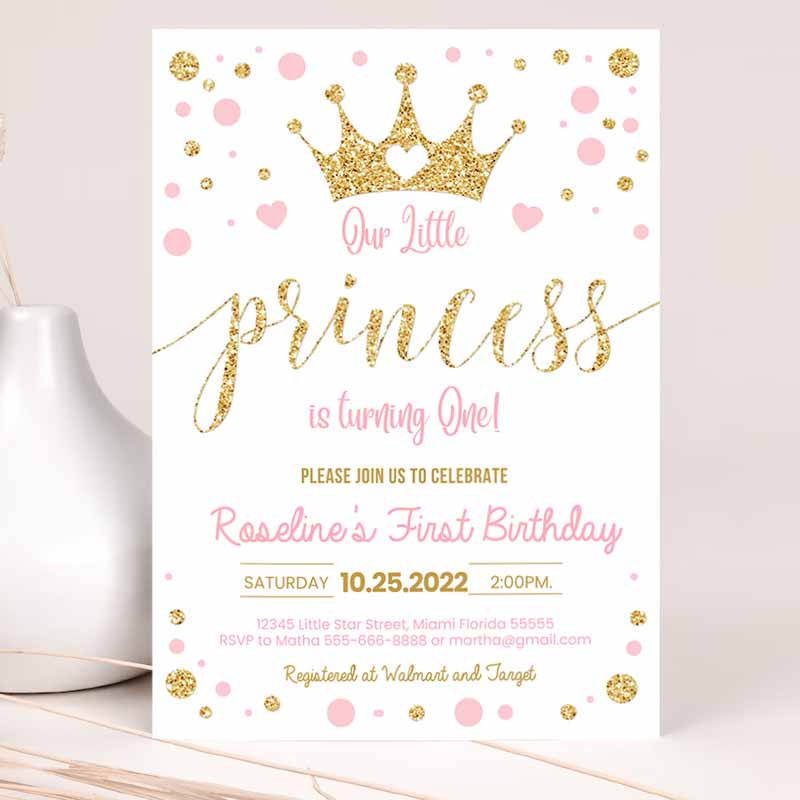 Princess Kids Birthday Invitation, Pink and Gold Little Princess Invitations, First Gold Girl