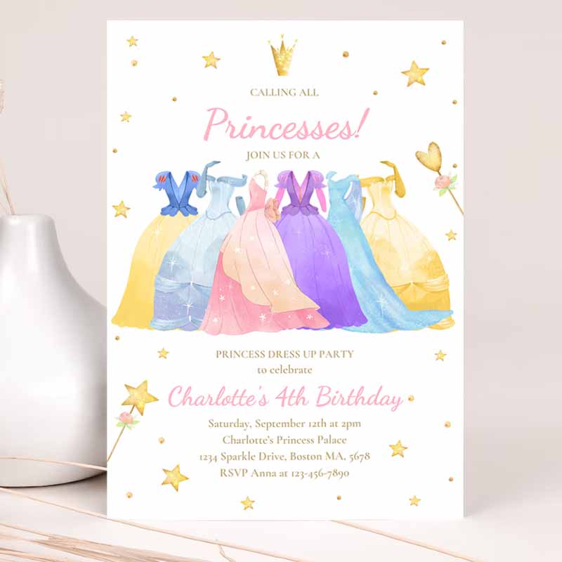 Princess Kids Birthday Invitation, Princess Dress Up Invitation Whimsical Royal Princess Party