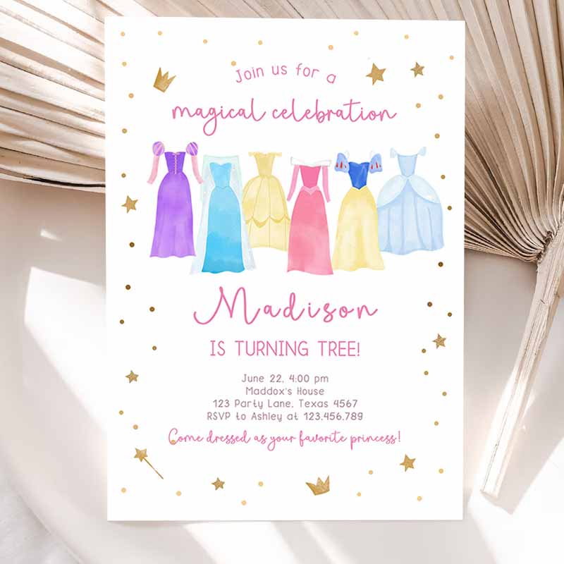 Princess Kids Birthday Invitation, Princess Dress-Up Invite Royal Kids Birthday, Girl Pink Princess Dresses