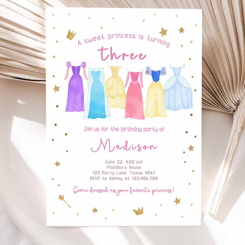 Princess Kids Birthday, Princess Dress-Up Invite Royal Kids Birthday, Girl Pink Princess Dresses