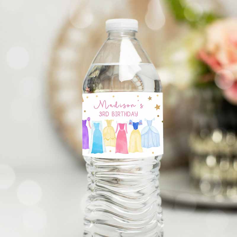 Princess Water Bottle Labels Princess Kids Birthday Party, Girl Dress-up Royal Magical Celebration