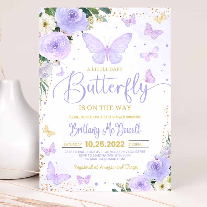 Purple Butterfly Baby Shower Invitation, Girl Butterflyeme Baby Shower