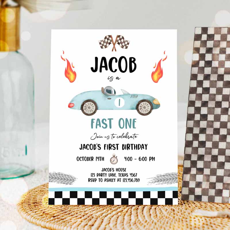 Race Car Kids Birthday Invitation, Fast One Invite First Kids Birthday, Racing Party, Boy