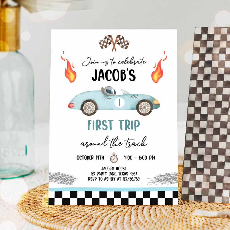 Race Car Kids Birthday Invitation, First Trip Arounde Track First Kids Birthday, Racing