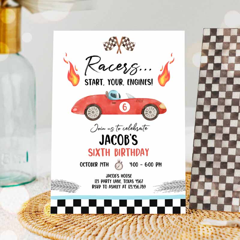 Racing Kids Birthday Invitation, Racersart Your Engines Race Car Party, Little Racer Red