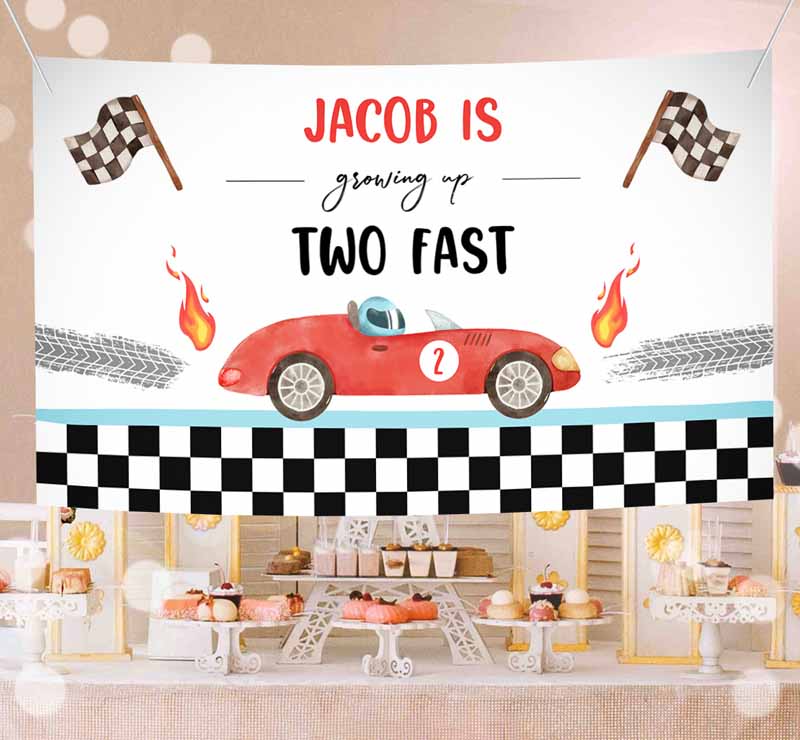 Racing Car Backdrop Banner, Growing Up Two Fast Kids Birthday, Boy Second Fast Two Curious