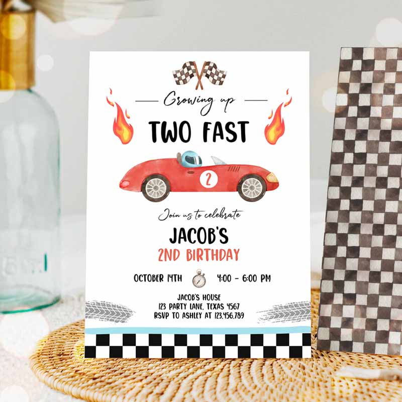 Racing Car Kids Birthday Invitation, Growing Up Two Fast Red Invite Second Kids Birthday, Boy