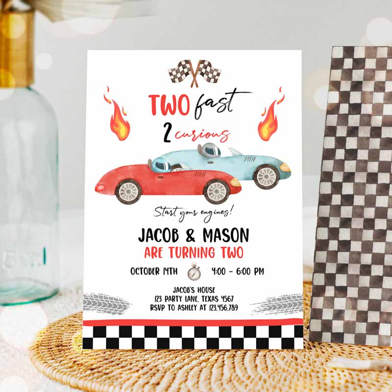 Racing Car Kids Birthday Invitation, Growing Up Two Fast Second Kids Birthday, Twin Boys