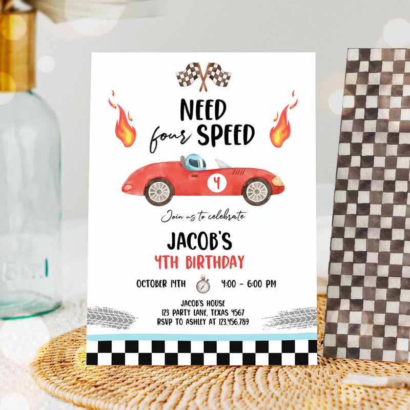 Racing Car Kids Birthday Party, Need Four Speed Invite Kids Birthday, Need Speed Boy