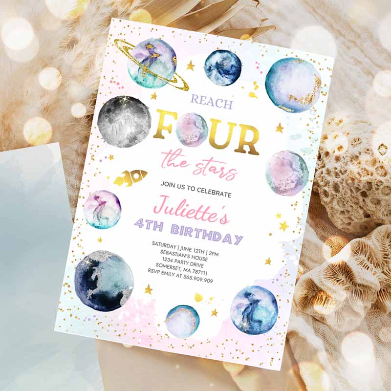 Reach Fourears Space Kids Birthday Invitation, Girl Pink Planets Galaxy Outer Space Kids Birthday Party