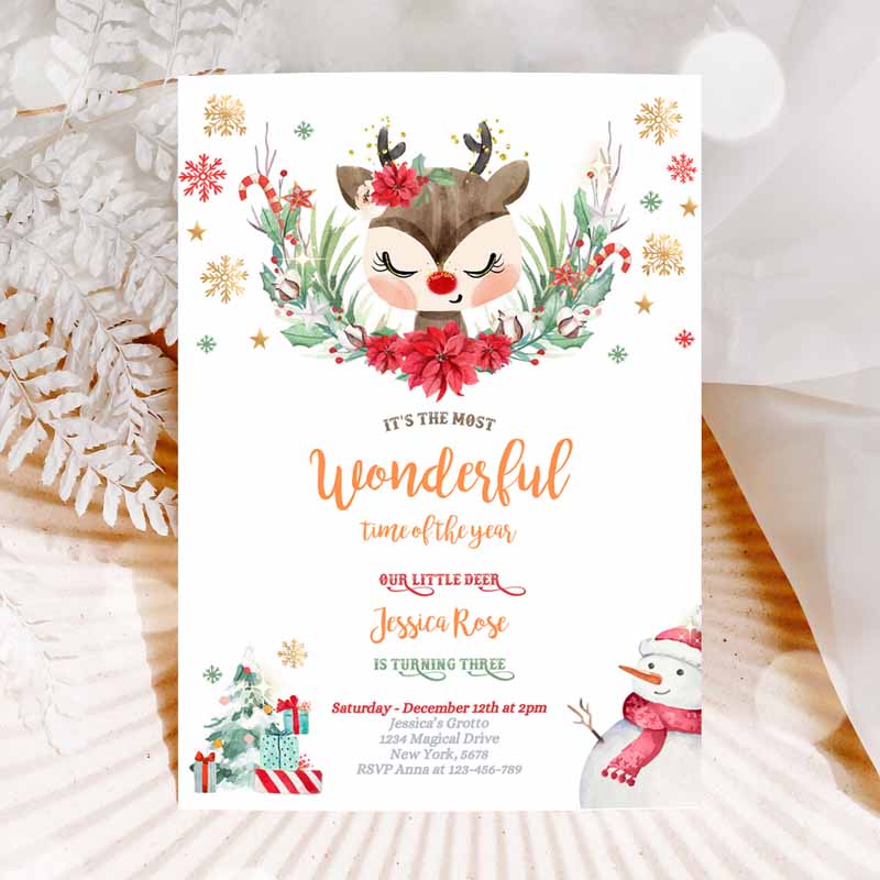 Reindeer Kids Birthday Invitation, Girl Christmas Reindeer Kids Birthday Invitation, North Pole Christmas Party