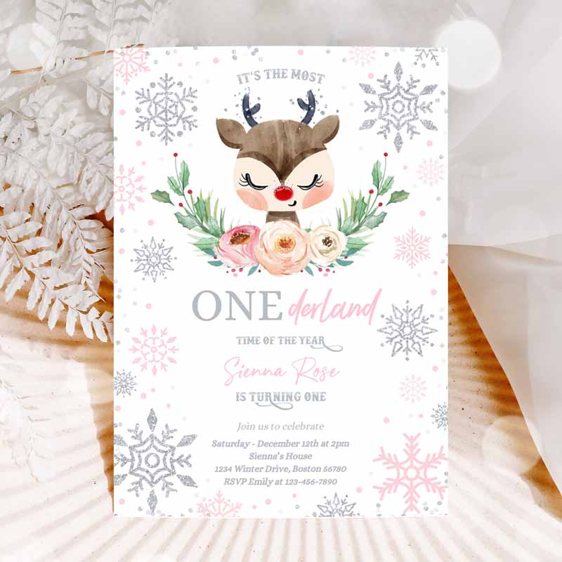 Reindeer Winter ONEderland Kids Birthday Invitation, Pink Silver Most ONEderful Time Ofe Christmas Kids Birthday